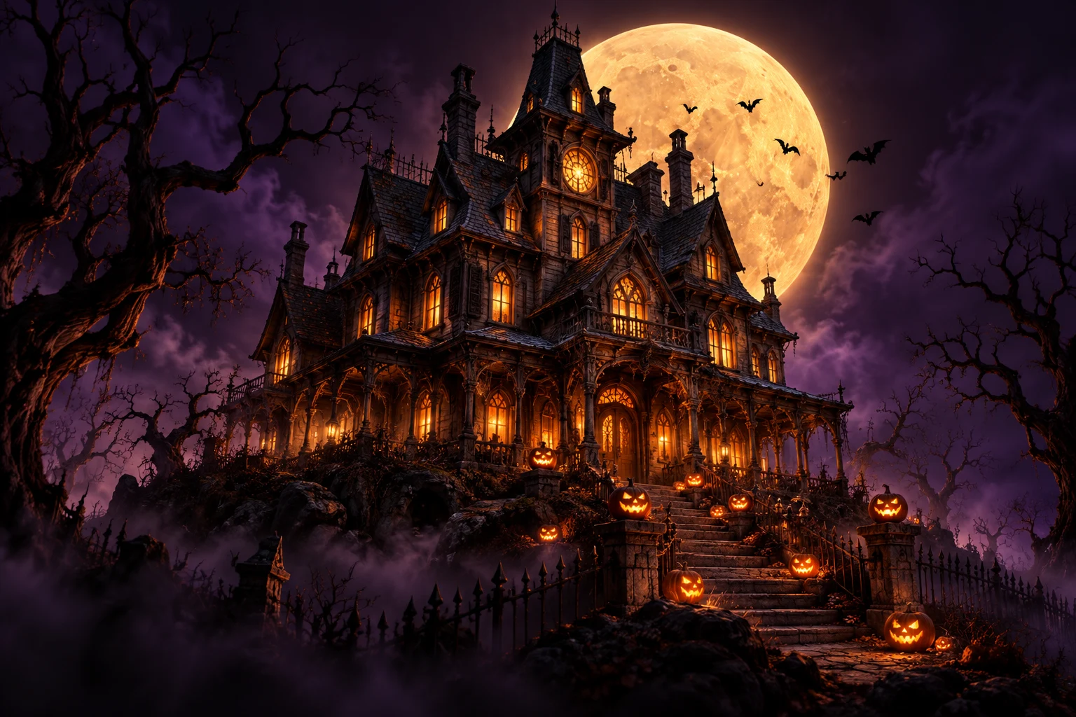 A moonlit haunted mansion with glowing jack-o’-lanterns